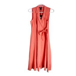 DKNY Linen Blend Coral Peach Sleeveless‎ Wrap Dress Notch Lapel Collar Size 12